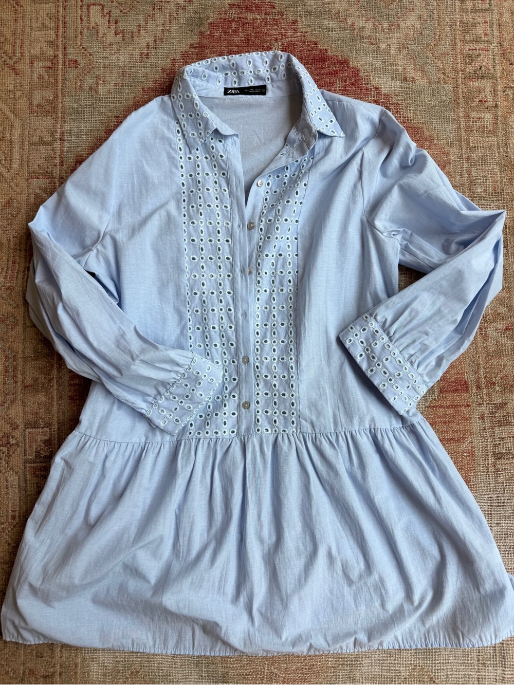 ZARA coquette Pale Blue Eyelet Button-Down Shirtdress